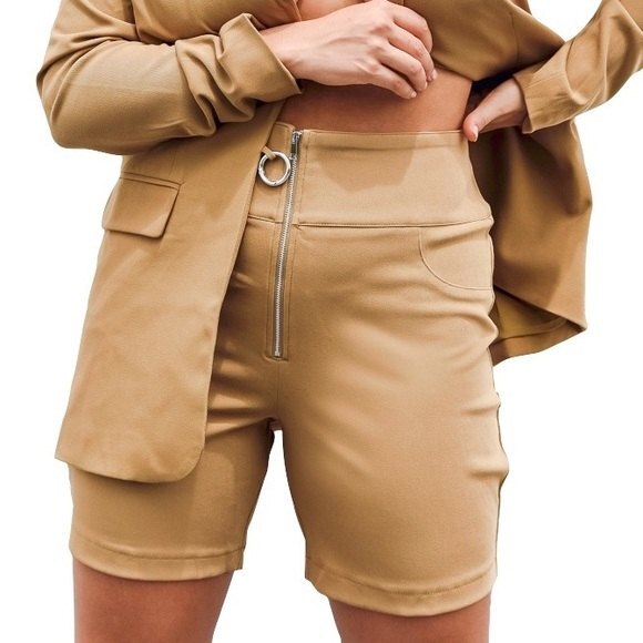Danielle Bernstein Dark Tan Front Zip High Waist Casual Biker Shorts NWT 12 - Picture 3 of 6